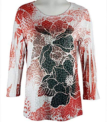 Cactus Fashion - Red Floral Burst, Rhinestone Accents, zscoop Neck Burnout Top