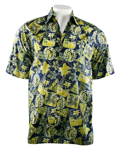 Go Barefoot - Tahiti, Banded Collar Classic Old School Hawaiian Shirt Side Vents & Coconut Button