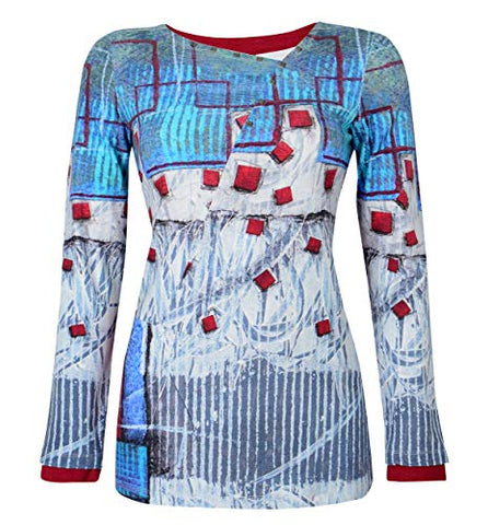 Dolcezza - Red Blocks, Long Sleeve Scoop Neck Artist Designed Colorful Pullover Knit