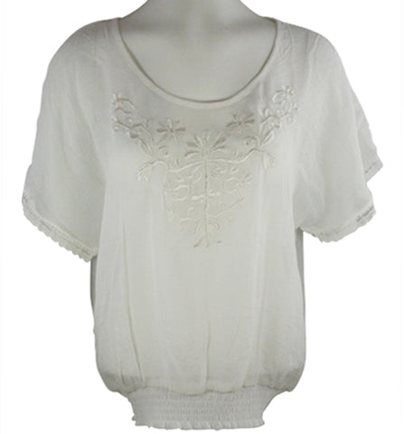 Select Clothing Short Sleeve, Scoop Neck with Embroidered Accents, White Woven Top