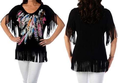 Liberty Wear - Fringe & Feathers, V-Neck, Short Sleeves, Western Themed Top