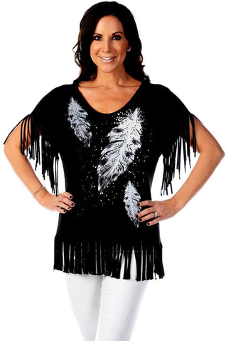 Liberty Wear - Feather Drop, Short Sleeves, Highlighted V-Neck Tunic Top