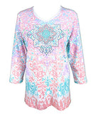 Cactus Bay Apparel Pastel Lace, 3/4 Sleeve Rhinestone Accent V-Neck Cotton Top