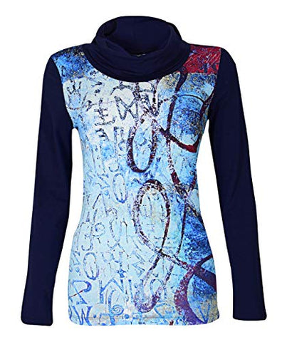 Dolcezza - Letter Maze, Cowl Neck, Long Sleeve, Artistic Design, Trendy Fashion Top