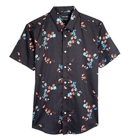 Stitch Note Floral Print Short Sleeve Button Down Men's Casual Black Shirt