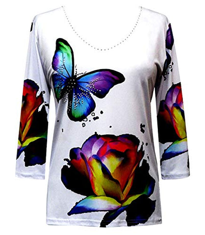 Valentina Signa - Butterflies, 3/4 Sleeve V-Neck Rhinestone Highlighted Top