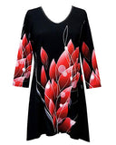 Valentina Signa - Red Petals, 3/4 Sleeve V-Neck Rhinestone Accented Tunic Top