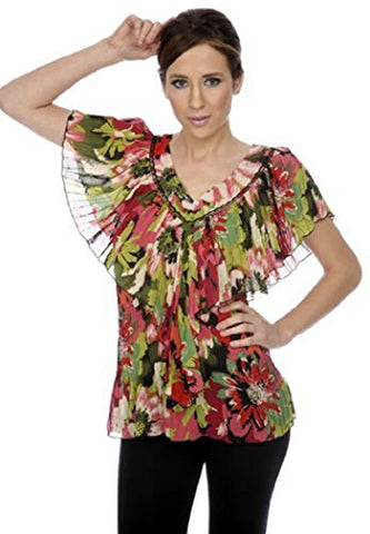 Cathaya Blouse with a Wide V-Neck Ruffled, Pleated Geometric Floral Print