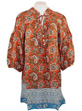 Tolani - Raglan Sleeve V-Neck Tie Tunic, Floral Print Top