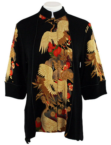Moonlight - Asian Crane, Black & Red Asian Themed Asymmetric Hem Top