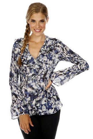 Cathaya Fashion Pleated Geometric Floral Print, Flared Long Sleeve Blouse with a Layered Ruffled Front & Collar