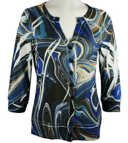 Cubism - Swirls, 3/4 Sleeve, Split Neck, Multi-Colored Woman's Cardigan