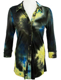 Boho Chic - Sun Spots, Layered Cuff Long Sleeve, Button Front Tie Dye Tunic Top