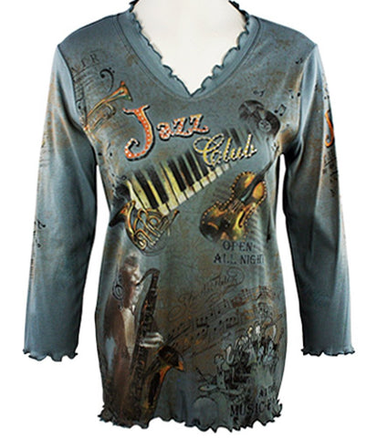 Cactus Fashion - Jazz Club, 3/4 Sleeve, V-Neck Cotton Print Rhinestone Top