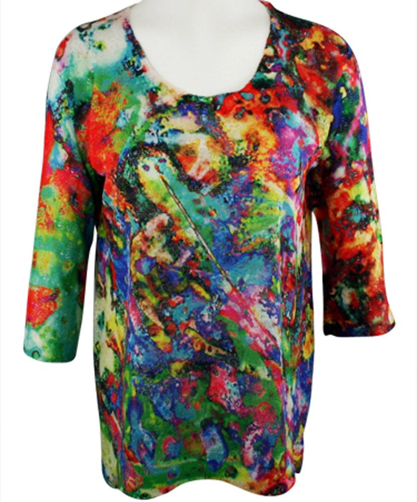 Nally & Millie - Color Rage, Geometric Pattern, 3/4 Sleeve, Scoop Neck Top