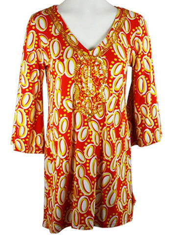 Joyous & Free - Sunshine, 3/4 Sleeve Tunic Mini Dress V-Neck Collar -Side Pleats
