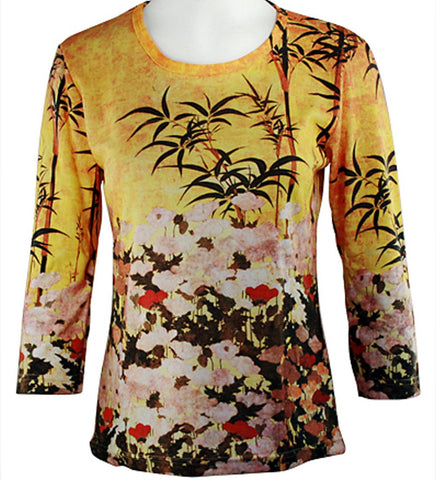 Breeke - Wheat Poppies & Bamboo, 3/4 Sleeve, Scoop Neck, Hand Silk Screened Top