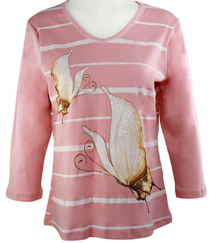 Cactus Fashion - Stripes & Butterfly, 3/4 Sleeve, Printed Cotton Rhinestone Top