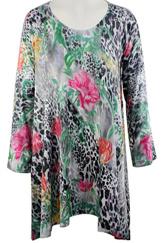 Nally & Millie - Jungle Floral, Scoop Neck Asymmetric Hem Long Sleeve Tunic