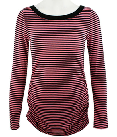 Nally & Millie - Pink Stripes, Boat Neck Shirred Sides, Long Sleeve Top