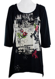Katina Marie - Orient Print, 3/4 Sleeve, Printed Scoop Neck Black Foiled Tunic