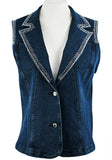 Katina Marie Sleeveless Rhinestone Trimmed Pockets Button Front Dark Denim Vest