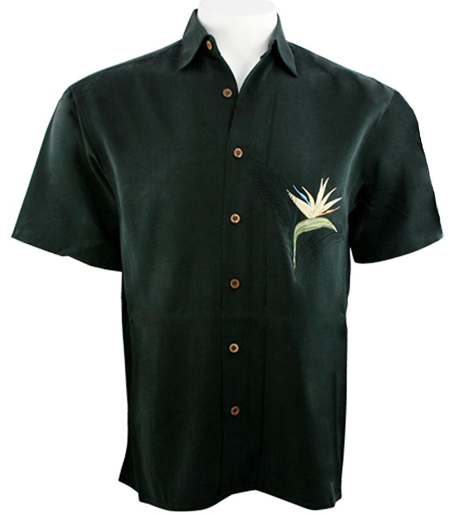 Bamboo Cay Men's Tropical Shirt - Navy Blue Palm Leaves Embroidered Resort Wear, Rayon Blend