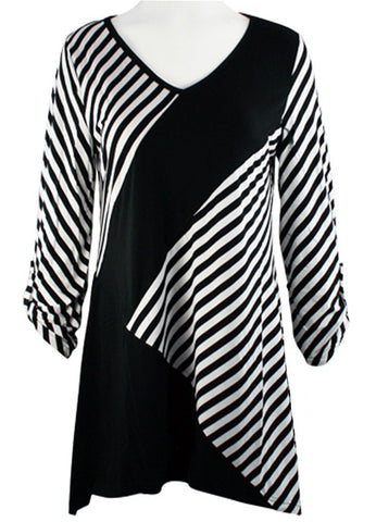 Lior Paris - Black & White Stripes, Geometric Pattern Tunic with V-Neck Collar
