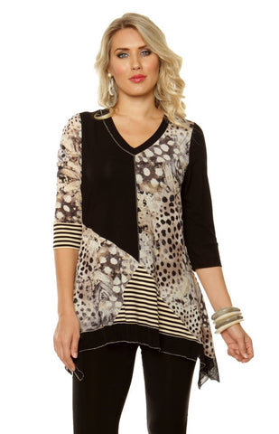 Lior Paris - Animal Stripes, Patchwork Pattern Tunic Top with V-Neck Collar