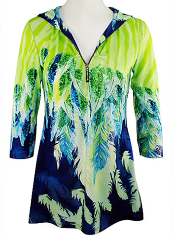 Boho Chic - Feathers, Long Sleeve, Partial Zip Front Multi-Colored Hoodie Top