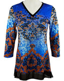 Boho Chic - Empire, Long Sleeve Vintage Pattern Trimmed V-Neck Lace Hem Tunic