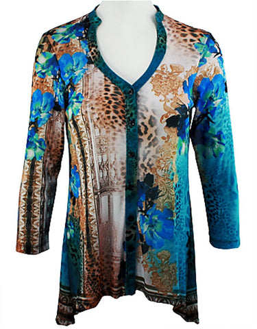 Boho Chic - Countryside, Long Sleeve Shirr Button Front V-Neck Hi-Low Tunic