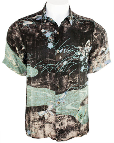Citron - Butterflies Along River, Asian Style Vintage Button Front Silk Men's Shirt