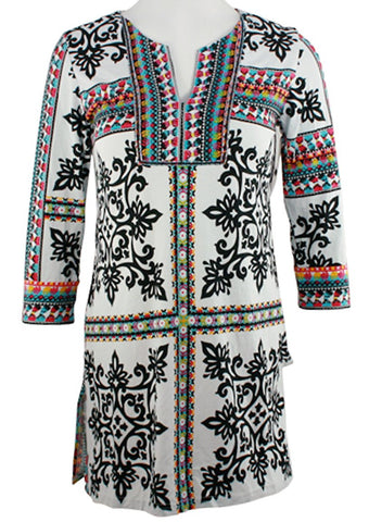 Joyous & Free - Carfino, 3/4 Sleeve Tunic with Split V-Neck Collar & Side Pleats