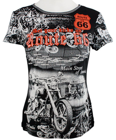 Big Bang Clothing - Route 66 Short Sleeve Scoop Neck Rhinestone Motorcycle Print