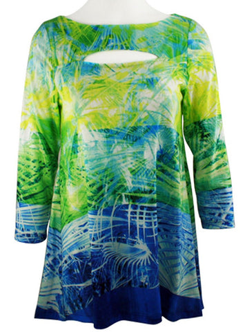 Boho Chic - Blue Tropics, 3/4 Sleeve, Patterned Batik Neck, Fashion Tunic Top