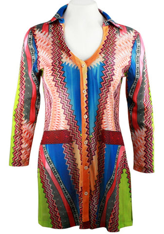 Boho Chic - Abstract Thoughts, Lightweight Geometric Pattern Sheer V-Neck Tunic