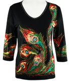 Valentina Signa - Colored Feathers, Fashion Top 3/4 Sleeve Rhinestone Print