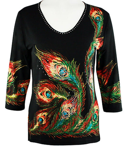 Valentina Signa - Colored Feathers, Fashion Top 3/4 Sleeve Rhinestone Print