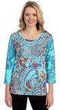 Marietta - Paisley, 3/4 Sleeve Cotton Rhinestone Print Scoop Neck Top