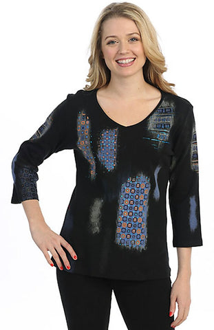 Marietta - Blue Patterns, 3/4 Sleeve Cotton Rhinestone Print Scoop Neck Top