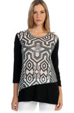 Cactus Fashion - Striped Mesh, 3/4 Sleeve, Color Block Black & White Tunic Top