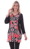 Parsley & Sage - Lori 3/4 slv black & red tunic designed in a patchwork pattern
