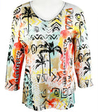 Jess & Jane - Tropical Palms White Top 3/4 Sleeve V-Neck with Rhinestone Accents
