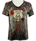 Cactus Bay Apparel - Rt 66 Wings, Short Sleeve, V-Neck, Rhinestone Cotton Top