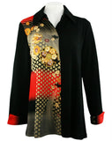 Moonlight - Asian Peacock, Geometric Print Trimmed Long Sleeve, Button Front Top