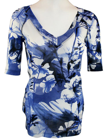 Karen Kane -Floral Breeze, Blue Floral Print, half sleeves Fitted V-Neck Top