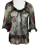 Karen Kane - Black Mist, Animal Print, Tie Sleeve, Ruffled Collar Top