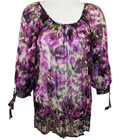 Karen Kane Soft Floral Print, Tie 3/4 sleeves, Scoop Neck Chiffon Top