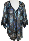 Karen Kane - Floral Print, Tabbed Sleeve, V-Neck Shirred Shirt